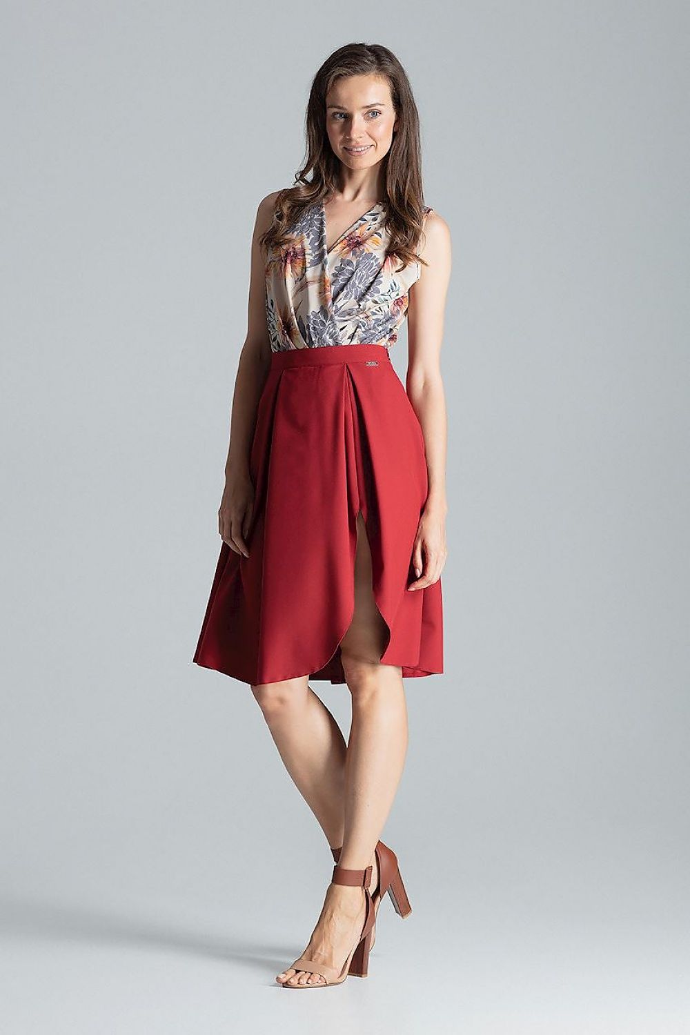 Elegant Burgundy Midi Skirt With Asymmetrical Slit - Figl, 100% Polyester, Side Zip Closure