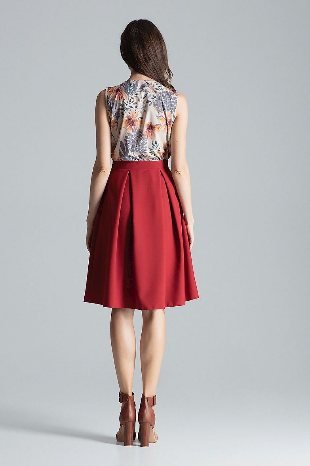 Elegant Burgundy Midi Skirt With Asymmetrical Slit - Figl, 100% Polyester, Side Zip Closure