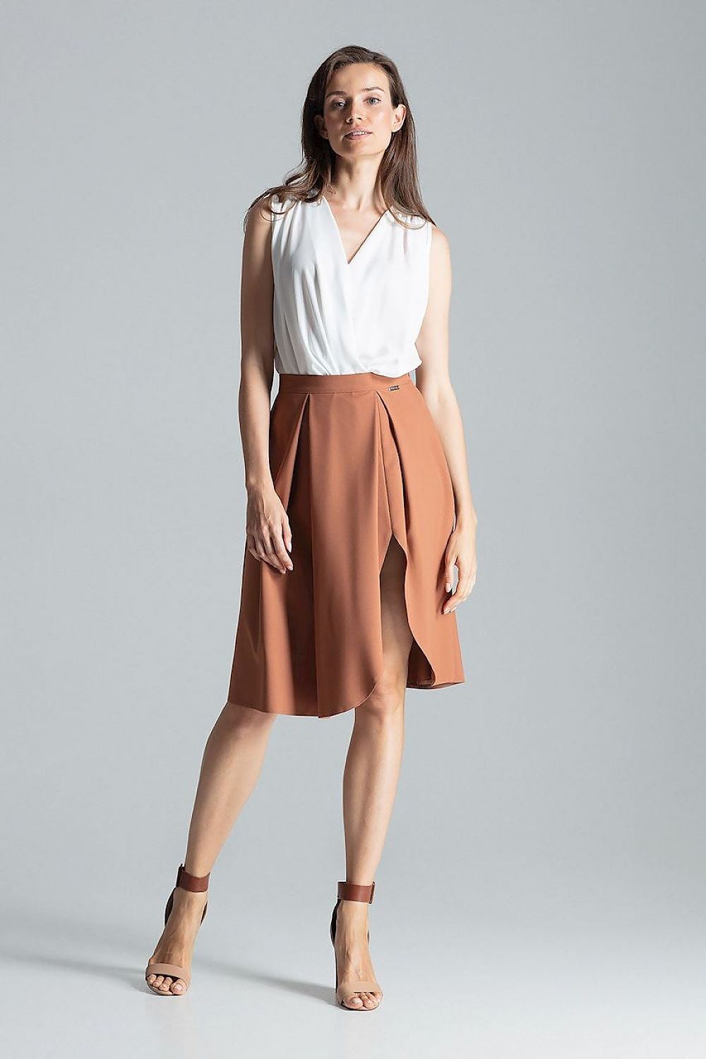 Elegant Burgundy Midi Skirt With Asymmetrical Slit - Figl, 100% Polyester, Side Zip Closure