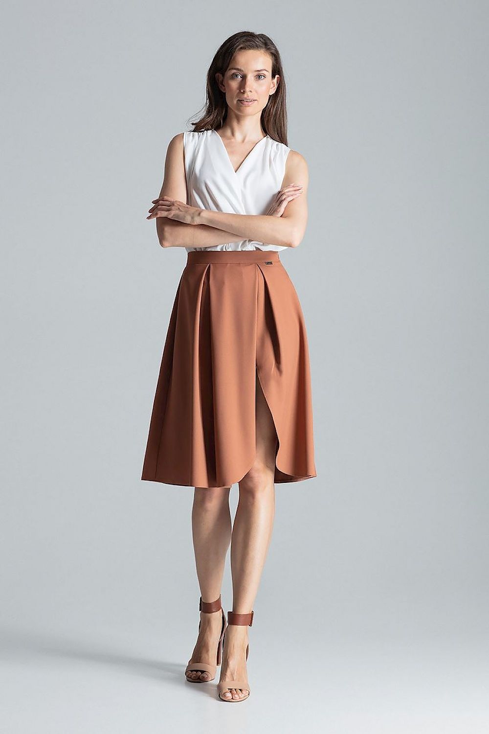 Elegant Burgundy Midi Skirt With Asymmetrical Slit - Figl, 100% Polyester, Side Zip Closure