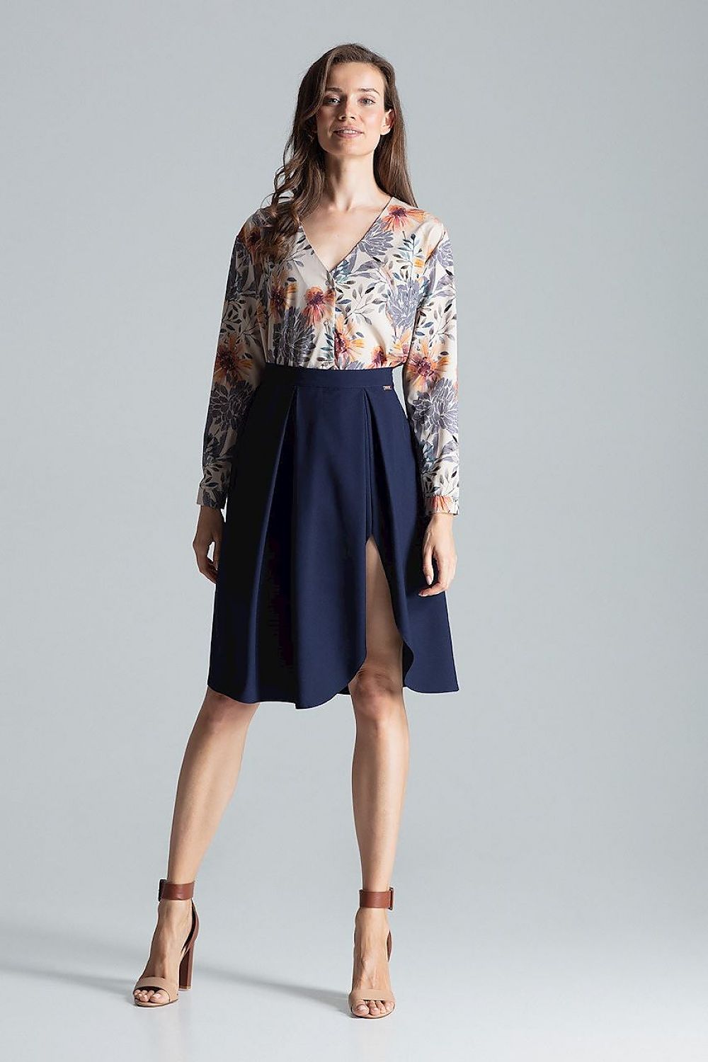 Elegant Burgundy Midi Skirt With Asymmetrical Slit - Figl, 100% Polyester, Side Zip Closure