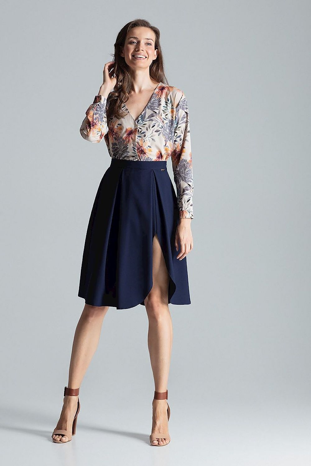 Elegant Burgundy Midi Skirt With Asymmetrical Slit - Figl, 100% Polyester, Side Zip Closure