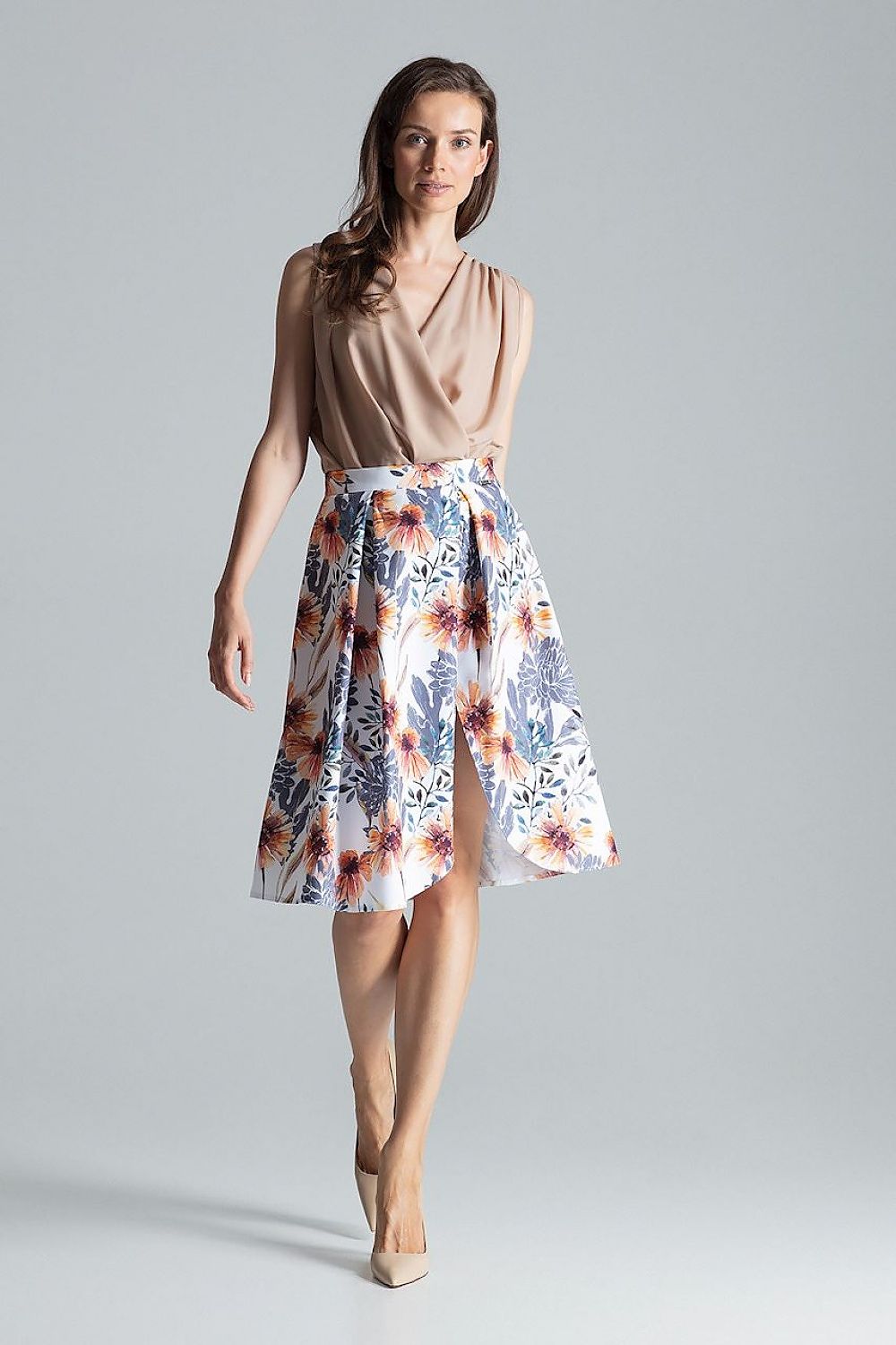 Elegant Burgundy Midi Skirt With Asymmetrical Slit - Figl, 100% Polyester, Side Zip Closure