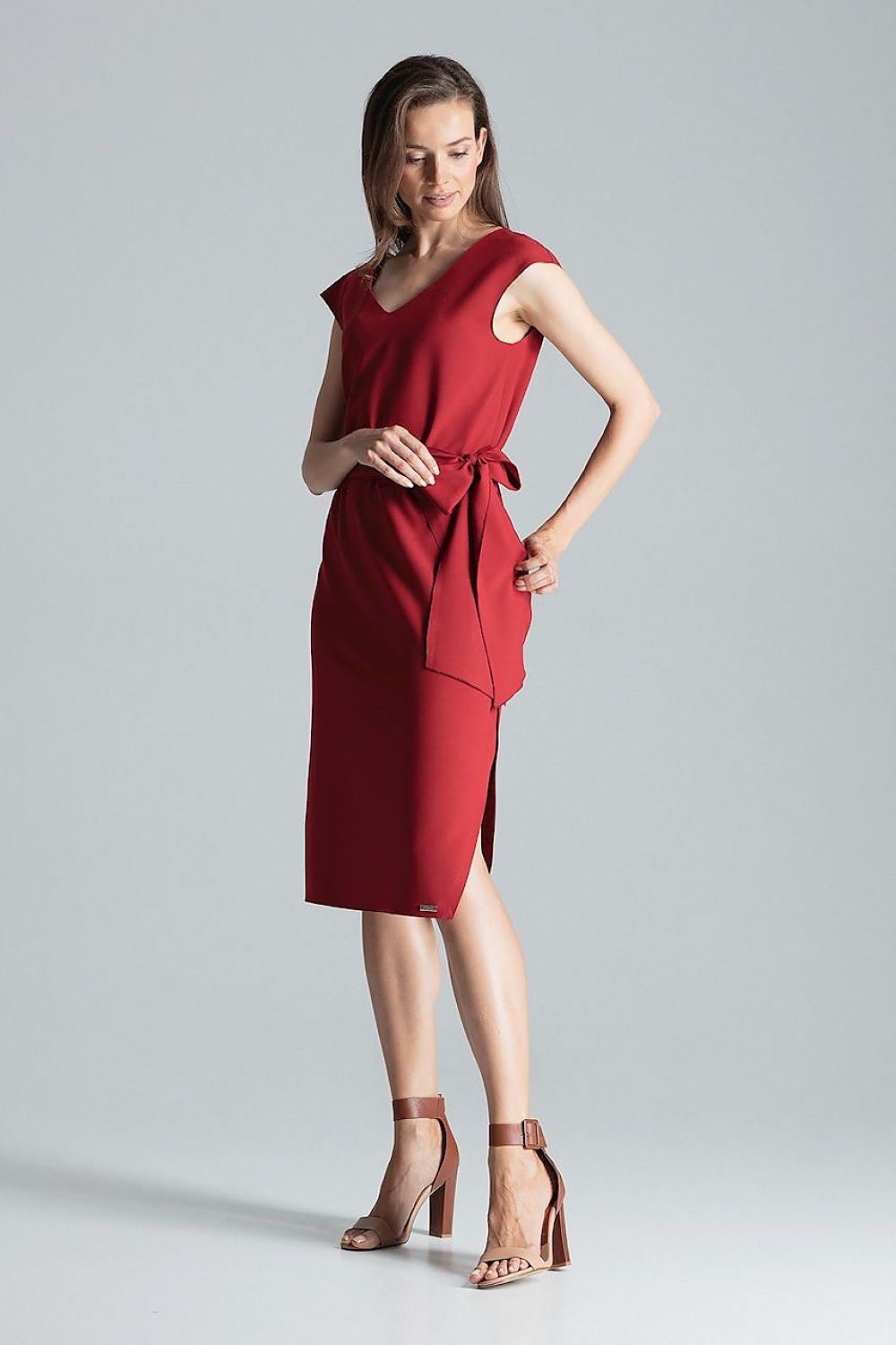 Burgundy Midi Dress with V-Neck, Waist Belt & Asymmetrical Slit by Figl