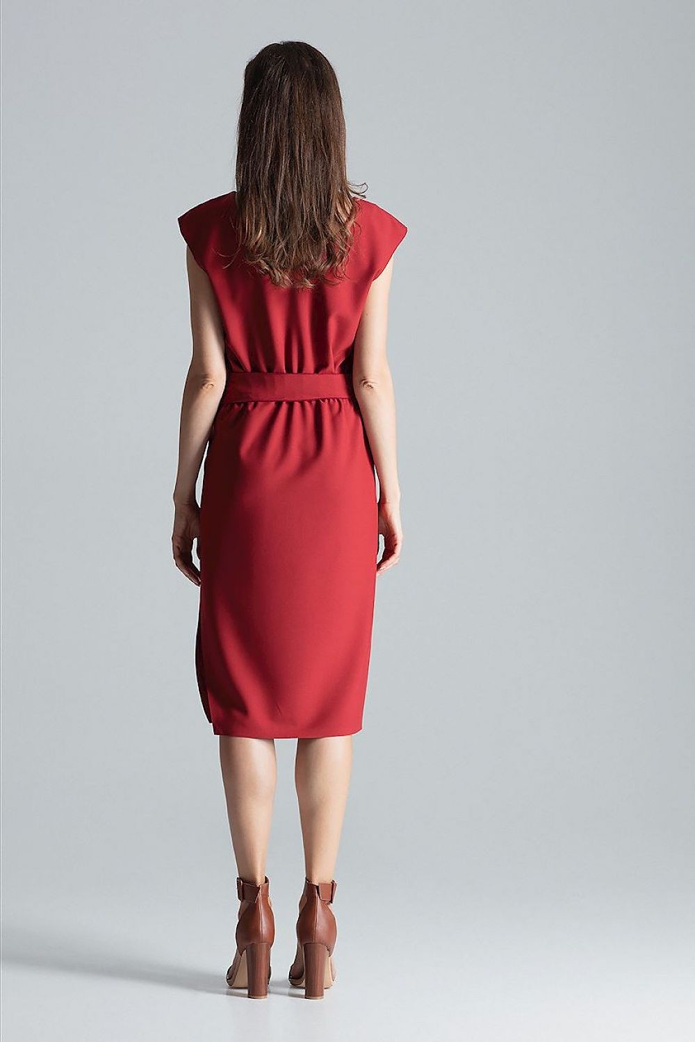 Burgundy Midi Dress with V-Neck, Waist Belt & Asymmetrical Slit by Figl