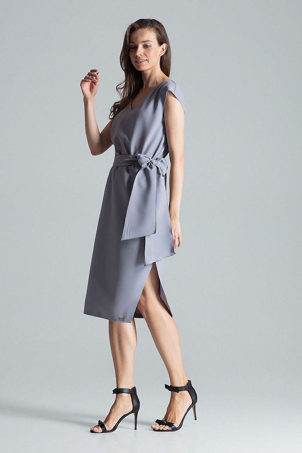 Burgundy Midi Dress with V-Neck, Waist Belt & Asymmetrical Slit by Figl