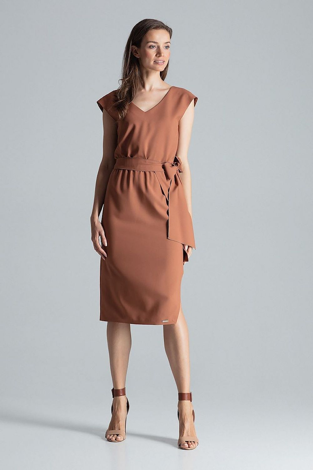 Burgundy Midi Dress with V-Neck, Waist Belt & Asymmetrical Slit by Figl