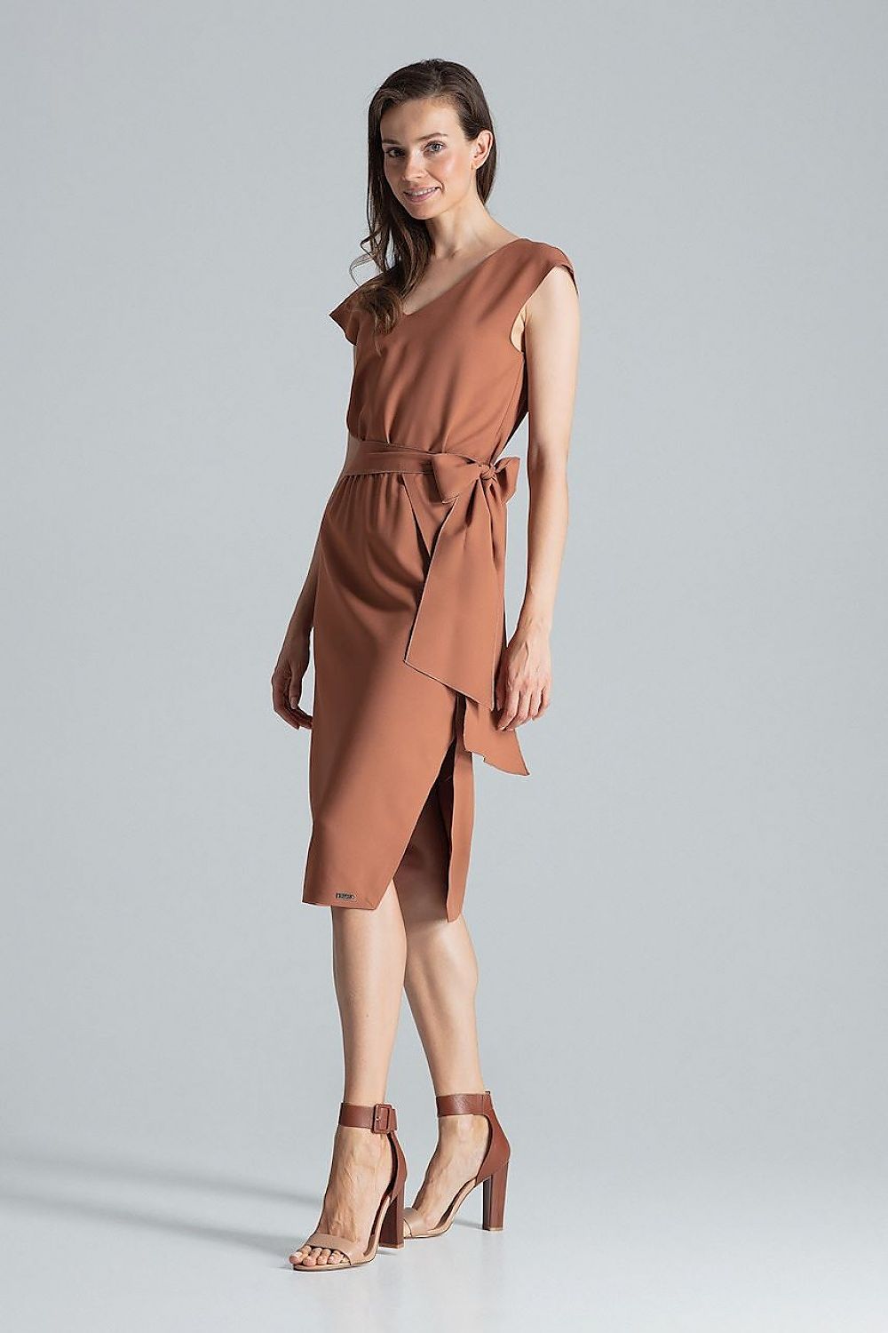 Burgundy Midi Dress with V-Neck, Waist Belt & Asymmetrical Slit by Figl