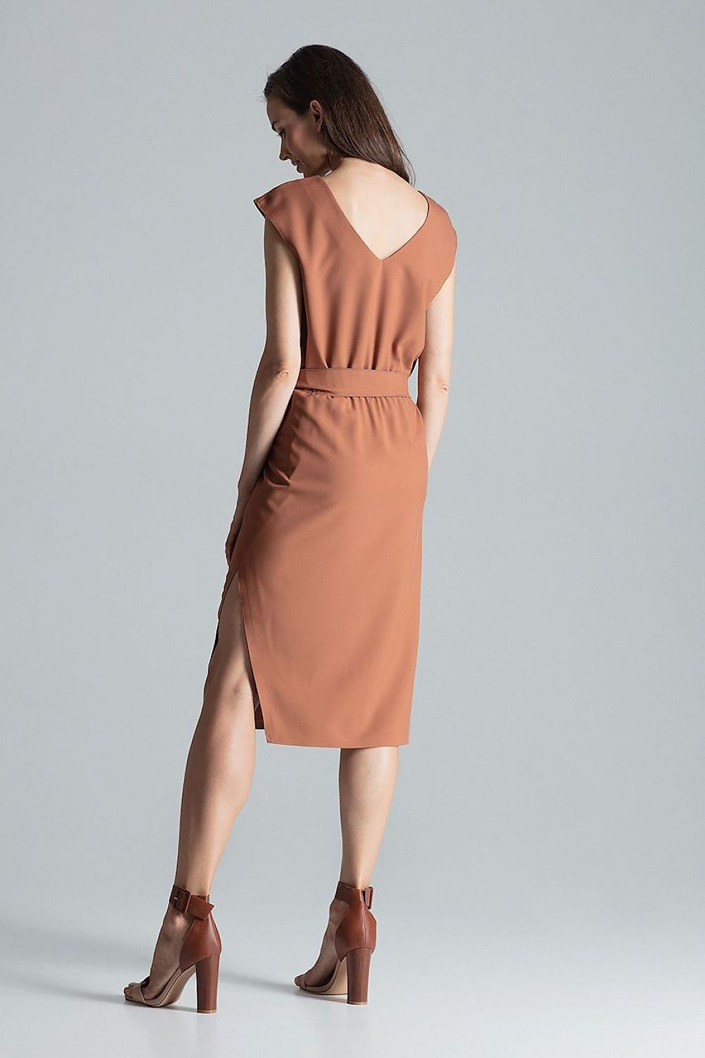 Burgundy Midi Dress with V-Neck, Waist Belt & Asymmetrical Slit by Figl