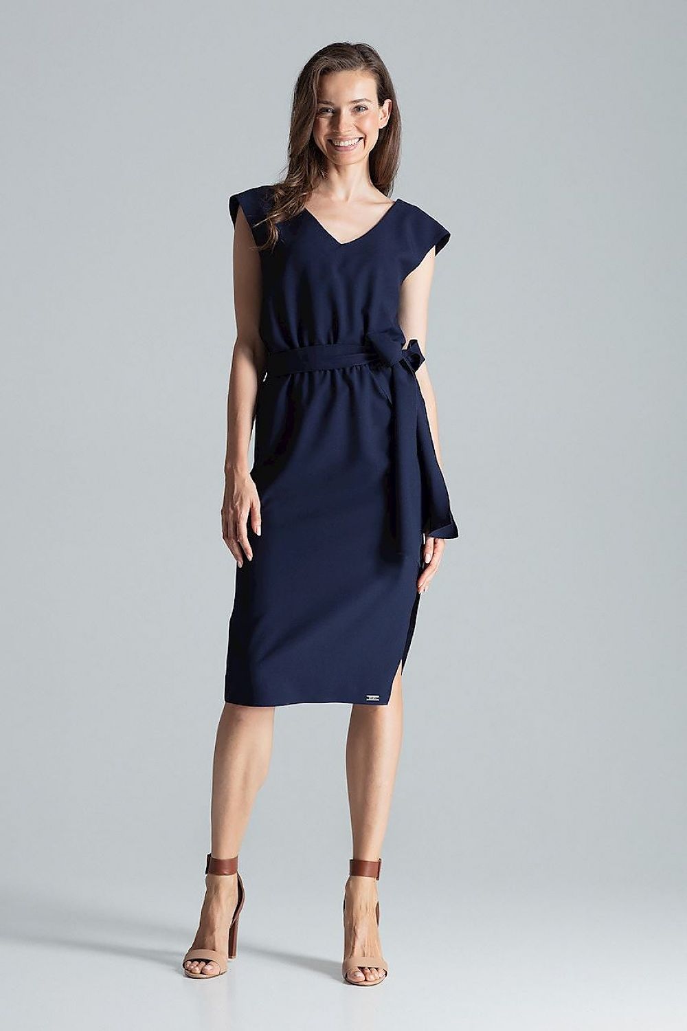 Burgundy Midi Dress with V-Neck, Waist Belt & Asymmetrical Slit by Figl