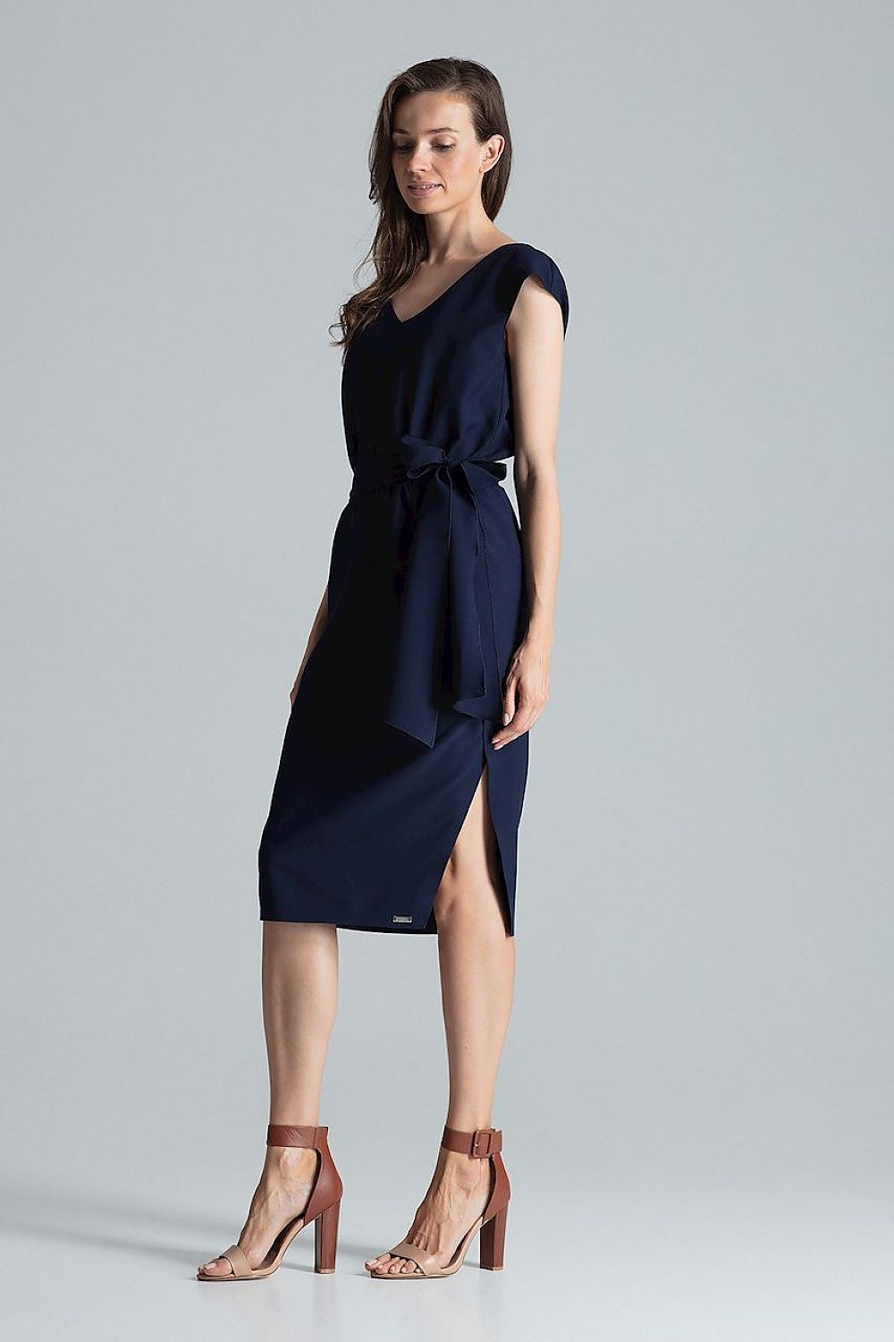 Burgundy Midi Dress with V-Neck, Waist Belt & Asymmetrical Slit by Figl