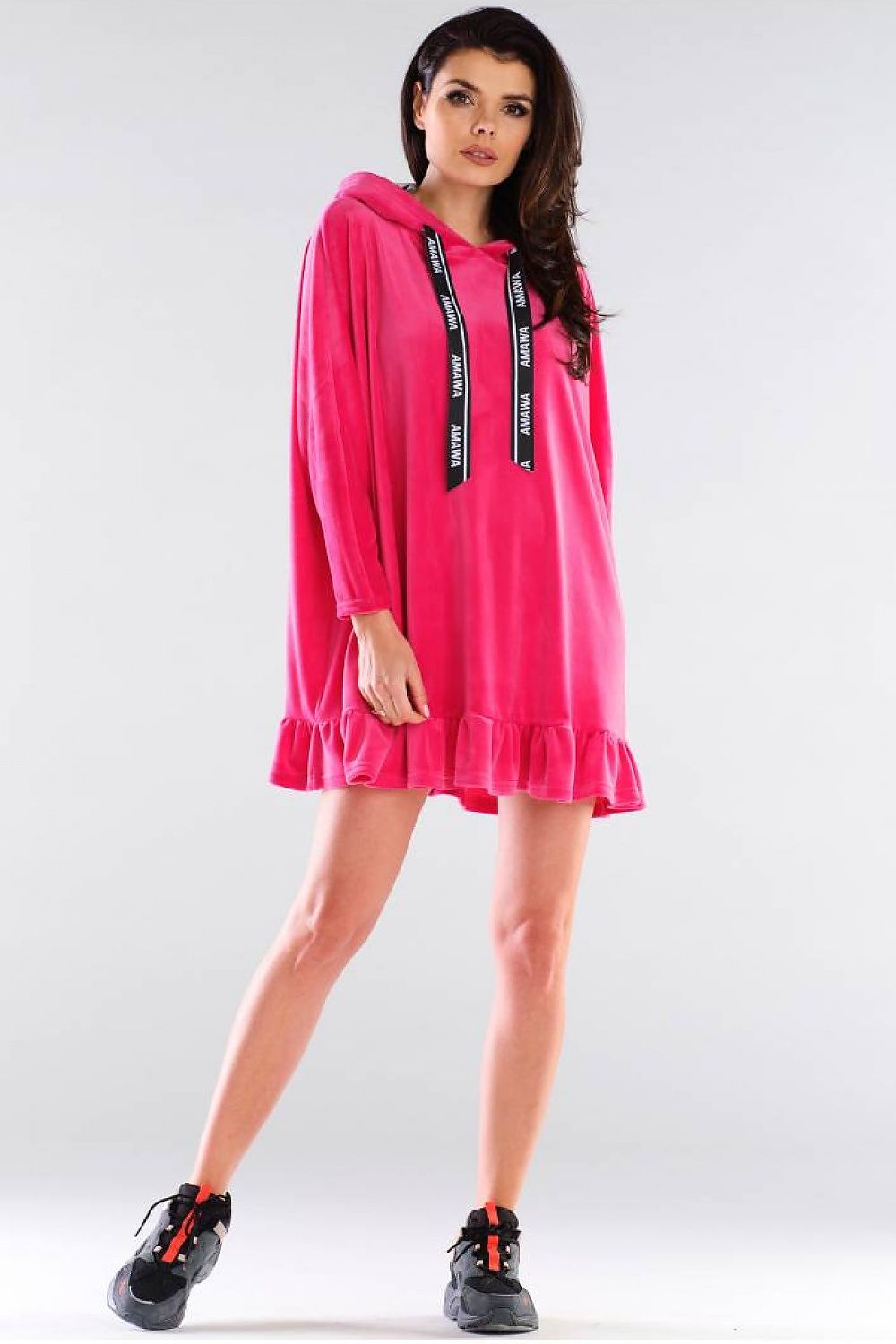 Awama Oversized Hooded Sweatshirt Dress with Logo Tapes and Frill Detail - Made in Poland