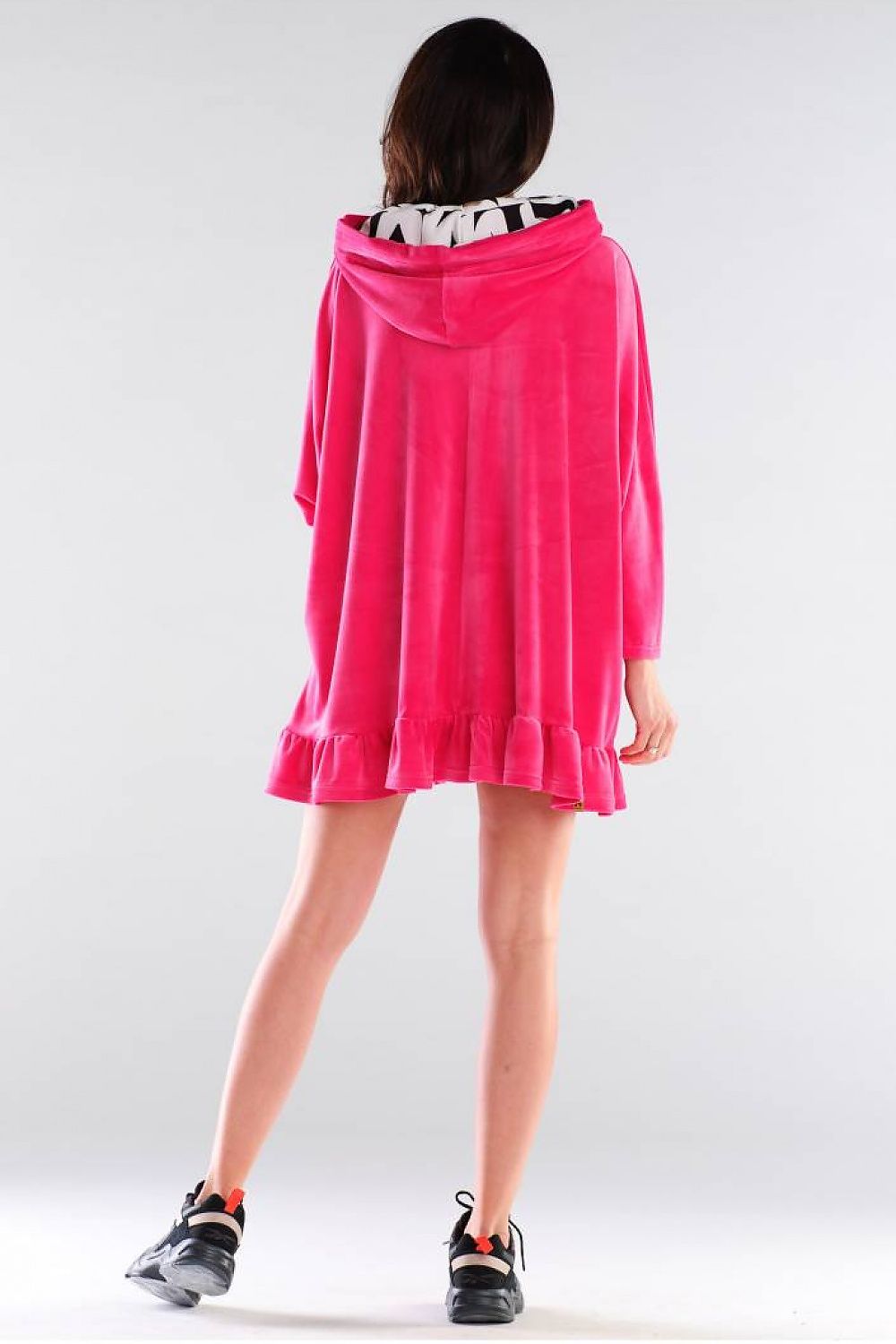 Awama Oversized Hooded Sweatshirt Dress with Logo Tapes and Frill Detail - Made in Poland