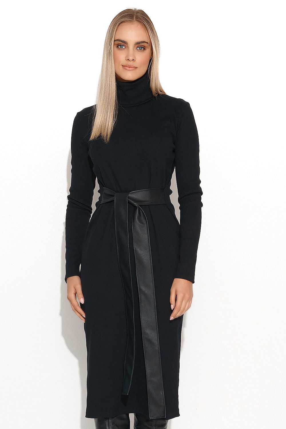 Makadamia Ribbed Knit Daydress - Knee-Length Turtleneck Dress with Eco-Leather Straps, Sizes EU 36-42