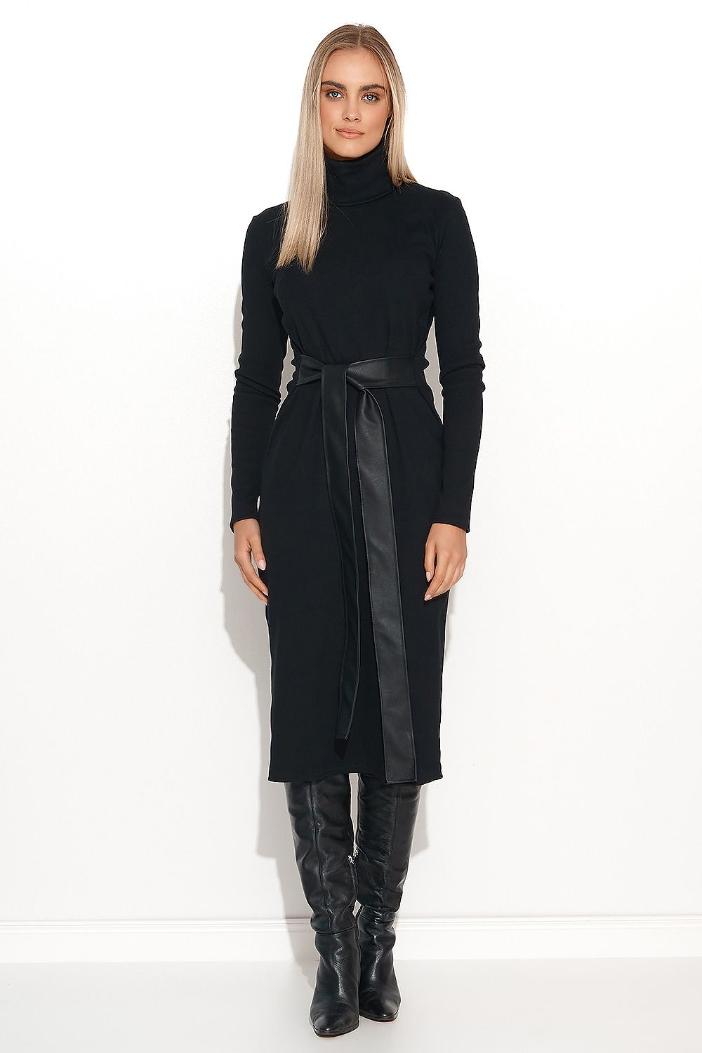 Makadamia Ribbed Knit Daydress - Knee-Length Turtleneck Dress with Eco-Leather Straps, Sizes EU 36-42