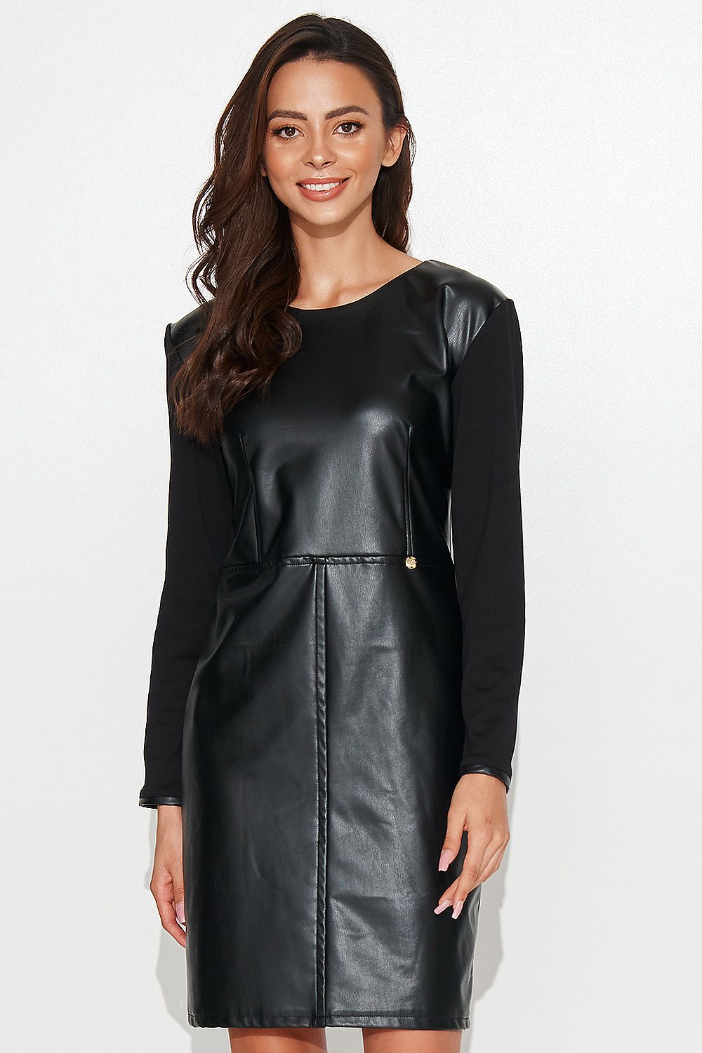 Luxurious Numinou Black Short Dress with Leather Front & Knitted Back | Sizes EU 36-42
