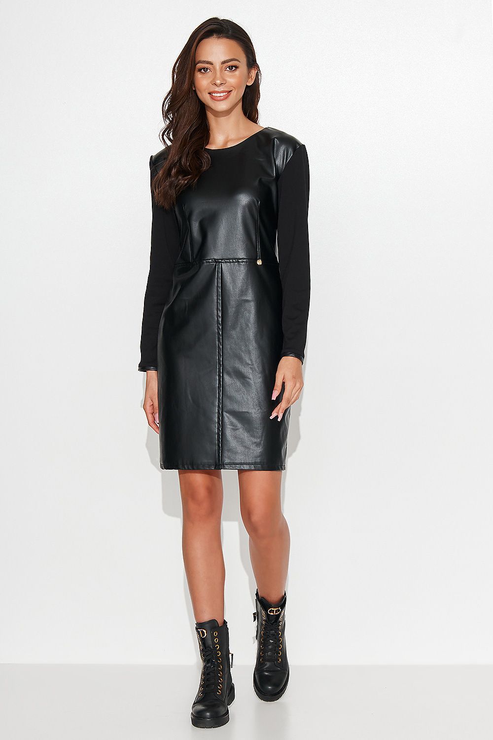Luxurious Numinou Black Short Dress with Leather Front & Knitted Back | Sizes EU 36-42