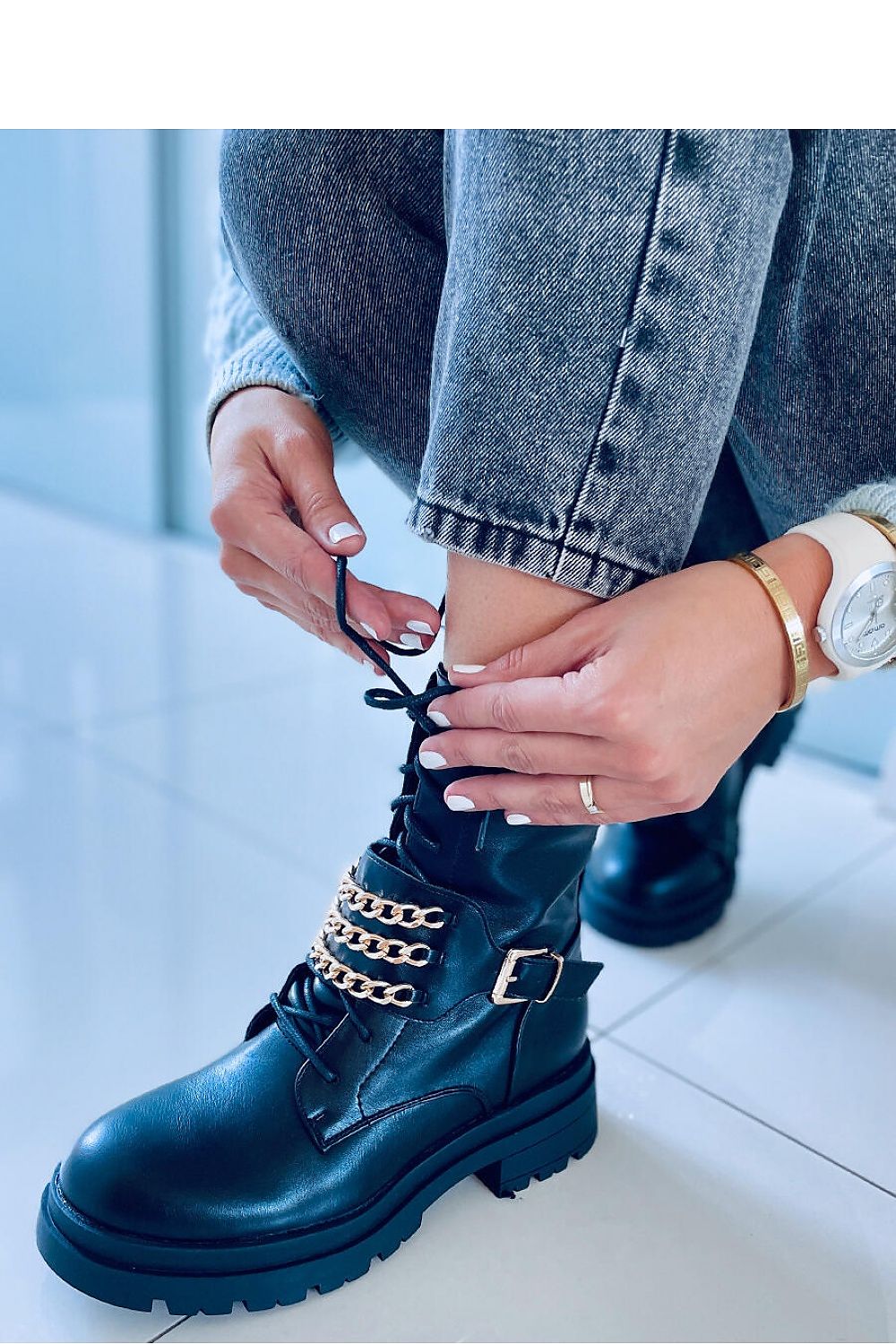 Inello Women's Lace-Up Booties with Gold Chains, 5cm Heel, Soft Leather & Fur Lining