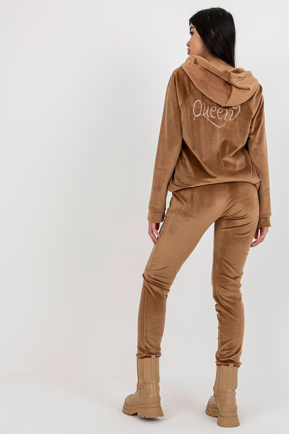 Ladies' Velour Sweatshirt And Pants Set With Embroidery - Hooded Long Sleeve And Tie-Waist Trousers