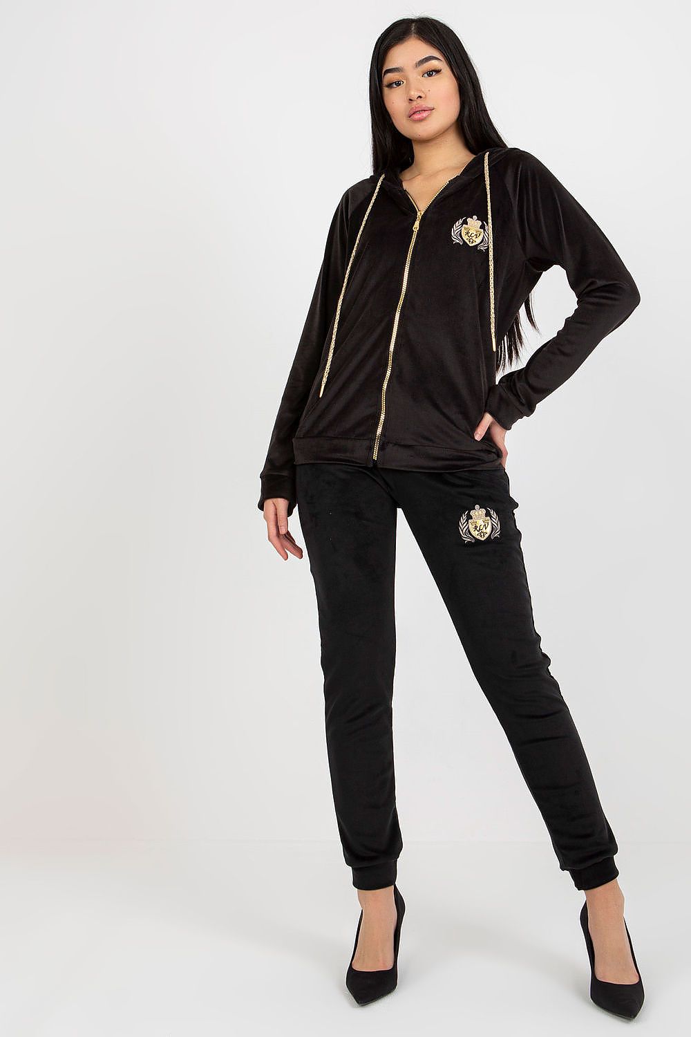 Ladies' Velour Sweatshirt And Pants Set With Embroidery - Hooded Long Sleeve And Tie-Waist Trousers