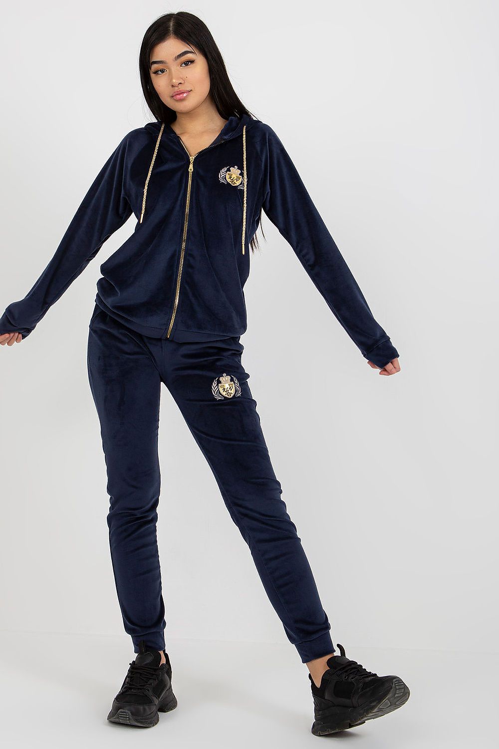 Ladies' Velour Sweatshirt And Pants Set With Embroidery - Hooded Long Sleeve And Tie-Waist Trousers