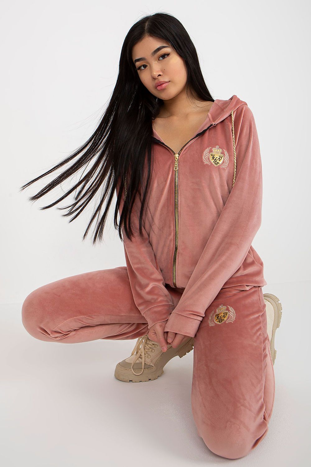 Ladies' Velour Sweatshirt And Pants Set With Embroidery - Hooded Long Sleeve And Tie-Waist Trousers