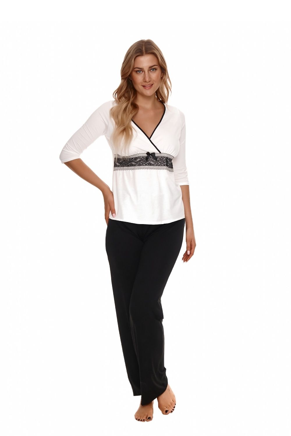 Elegant 2-Piece Pyjama Set with 3/4 Sleeves, Lace Detailing & Contrast Long Pants by Lupo Line