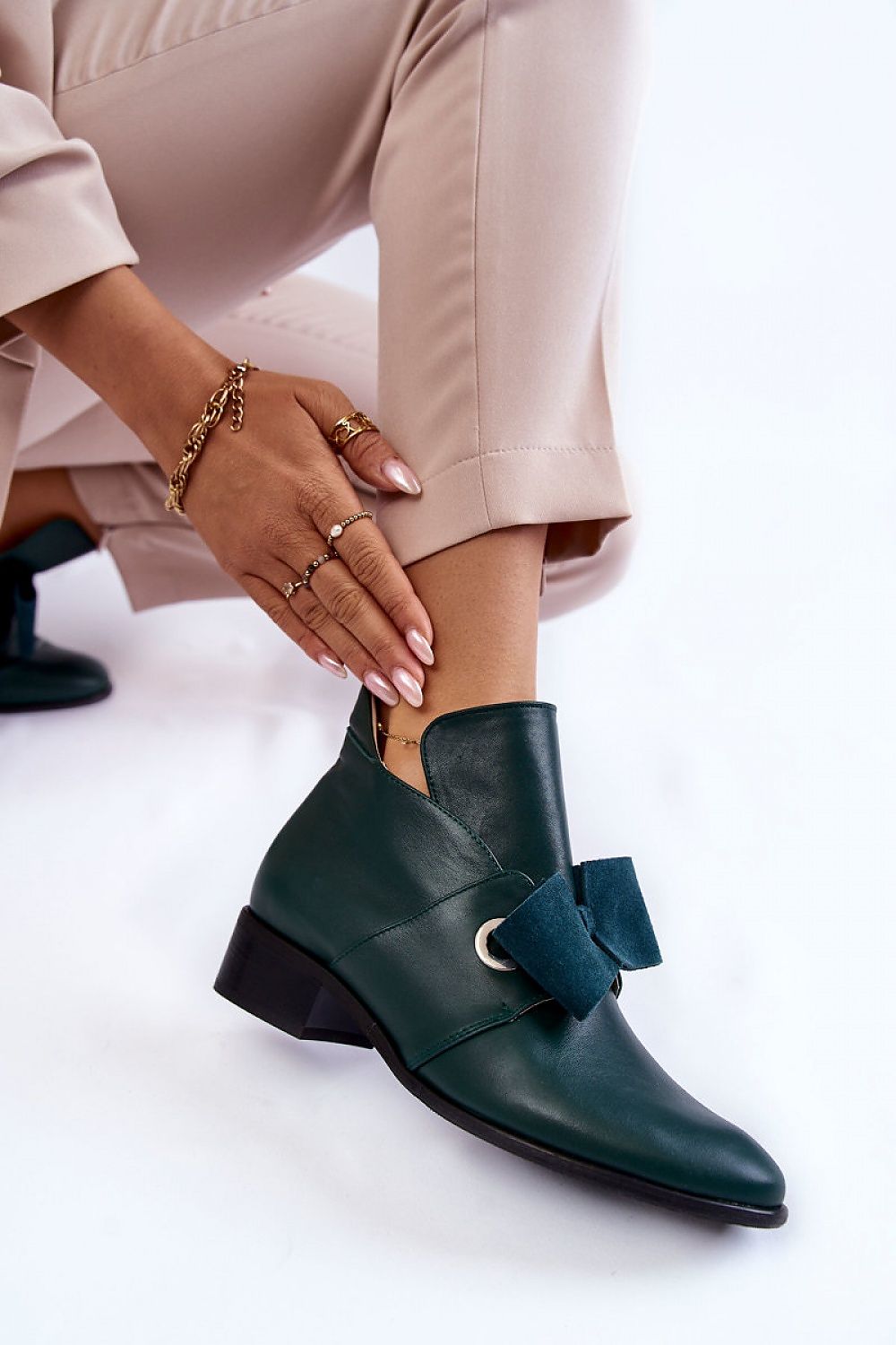Stylish Women's Natural Leather Half Heel Boots With Decorative Bow - 4cm Heel Height