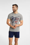 Men's Sporty Cotton Pyjamas Set - Gray T-Shirt & Navy Blue Shorts with Baseball Print by Henderson