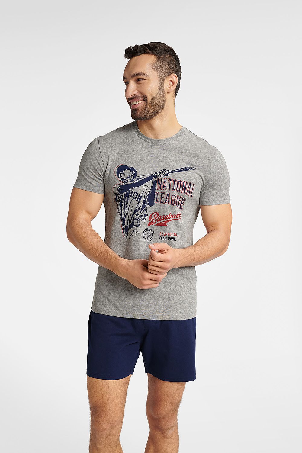 Men's Sporty Cotton Pyjamas Set - Gray T-Shirt & Navy Blue Shorts with Baseball Print by Henderson