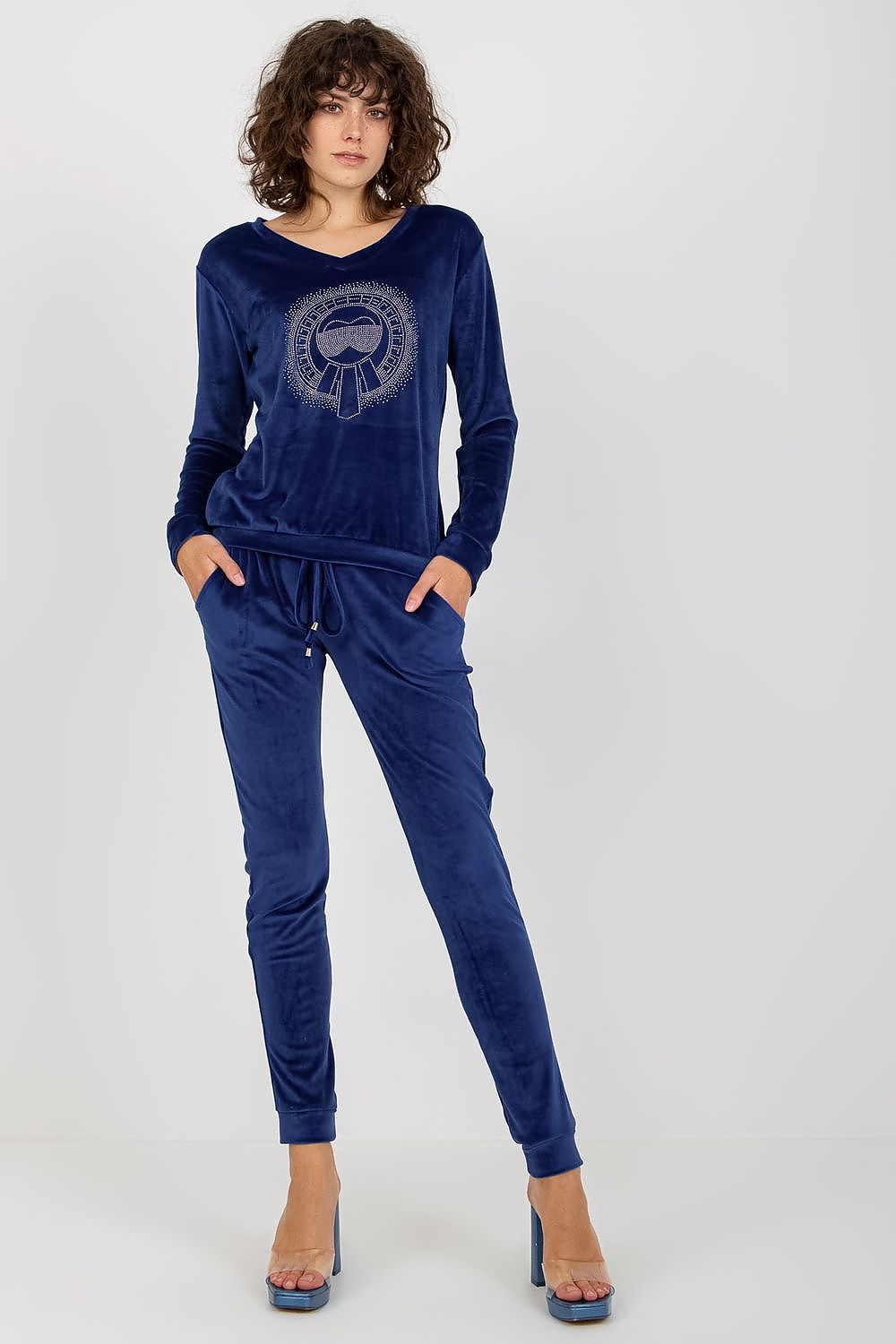 Luxury Velour Blouse And Pants Set With Heart Neckline And Tie Waist - Elegant Comfort
