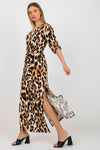 Elegant Lakerta Long Dress with Heart Neckline, 3/4 Sleeves and Tie Belt