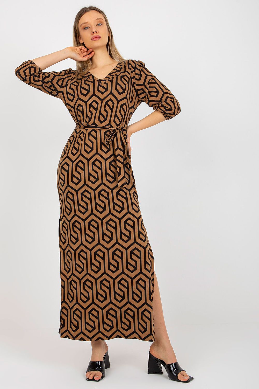 Elegant Lakerta Long Dress with Heart Neckline, 3/4 Sleeves and Tie Belt