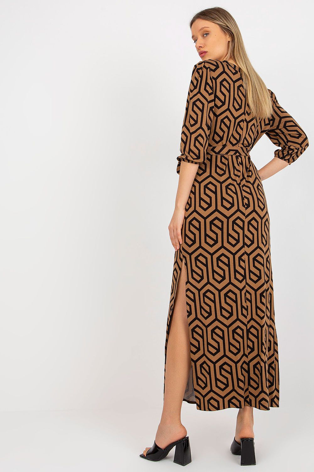 Elegant Lakerta Long Dress with Heart Neckline, 3/4 Sleeves and Tie Belt