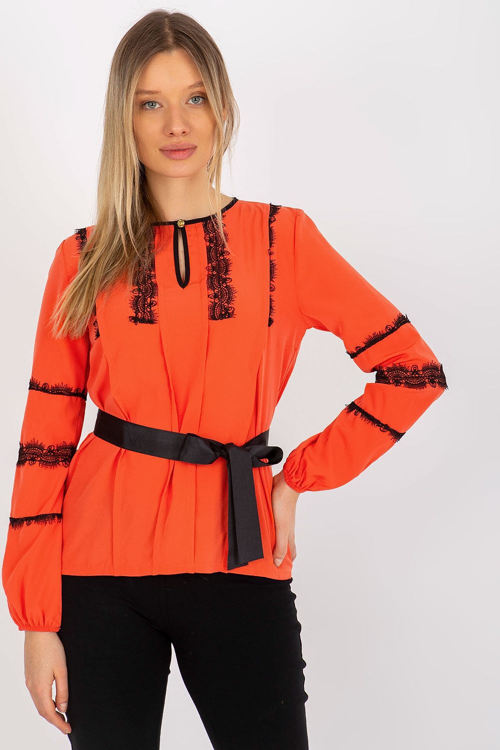 Elegant Lakerta Long Sleeve Blouse with Lace Detailing and Tie Belt for Women