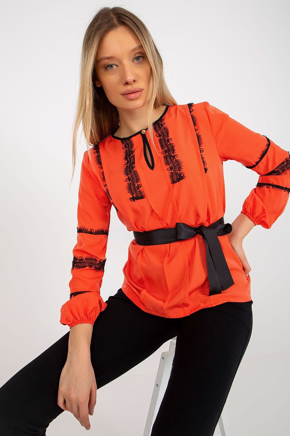 Elegant Lakerta Long Sleeve Blouse with Lace Detailing and Tie Belt for Women