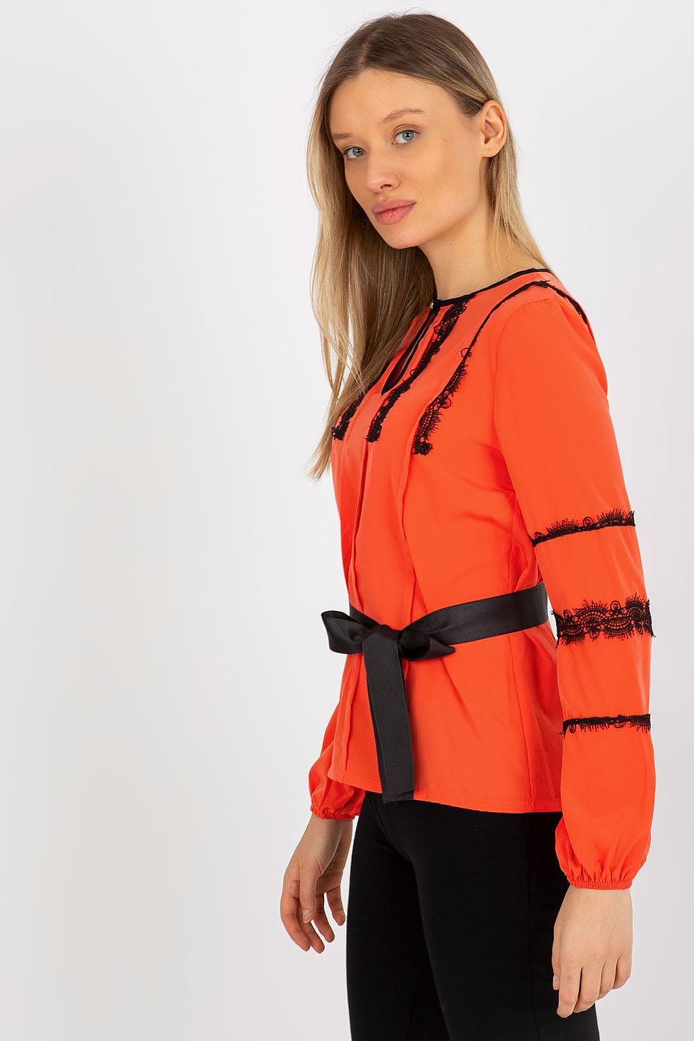 Elegant Lakerta Long Sleeve Blouse with Lace Detailing and Tie Belt for Women