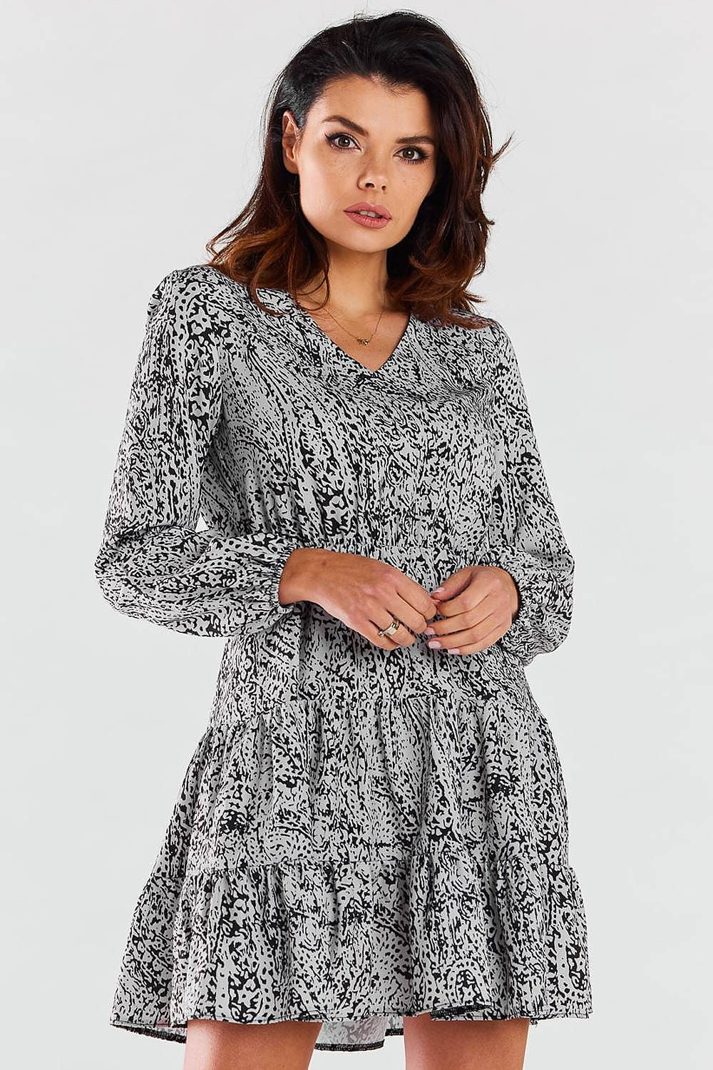 Elegant A470 Mini Dress with Long Sleeves, V Neckline and Charming Frills by Awama