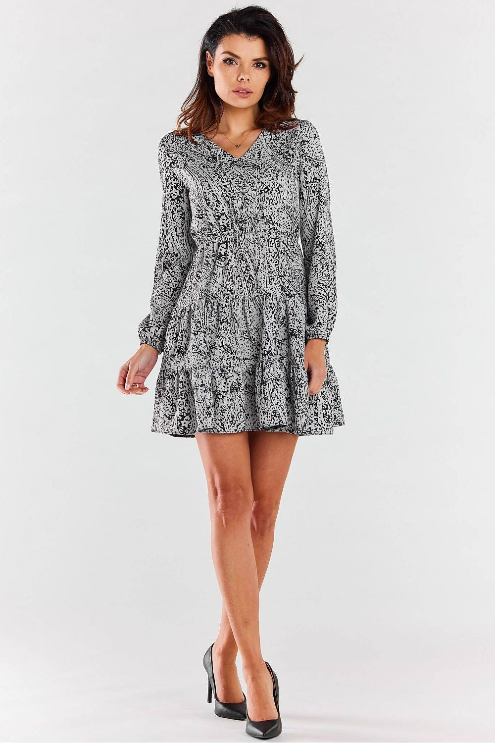Elegant A470 Mini Dress with Long Sleeves, V Neckline and Charming Frills by Awama
