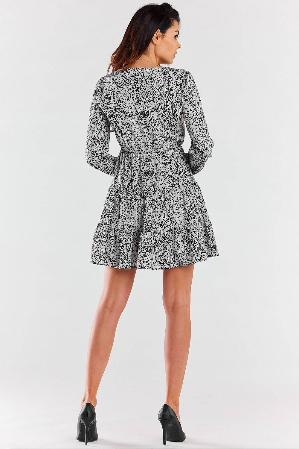 Elegant A470 Mini Dress with Long Sleeves, V Neckline and Charming Frills by Awama