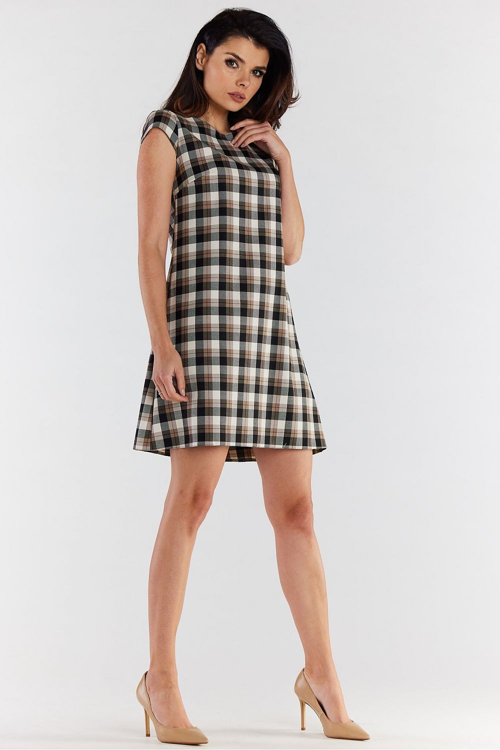 Elegant Checkered Mini Dress With Short Sleeves | Loose Trapezoidal Cut by Awama