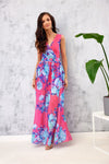 Elegant Floral Chiffon Maxi Dress With Leg Slit and Envelope Neckline by Roco Fashion