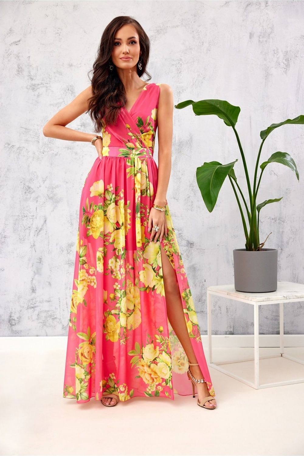 Elegant Floral Chiffon Maxi Dress With Leg Slit and Envelope Neckline by Roco Fashion