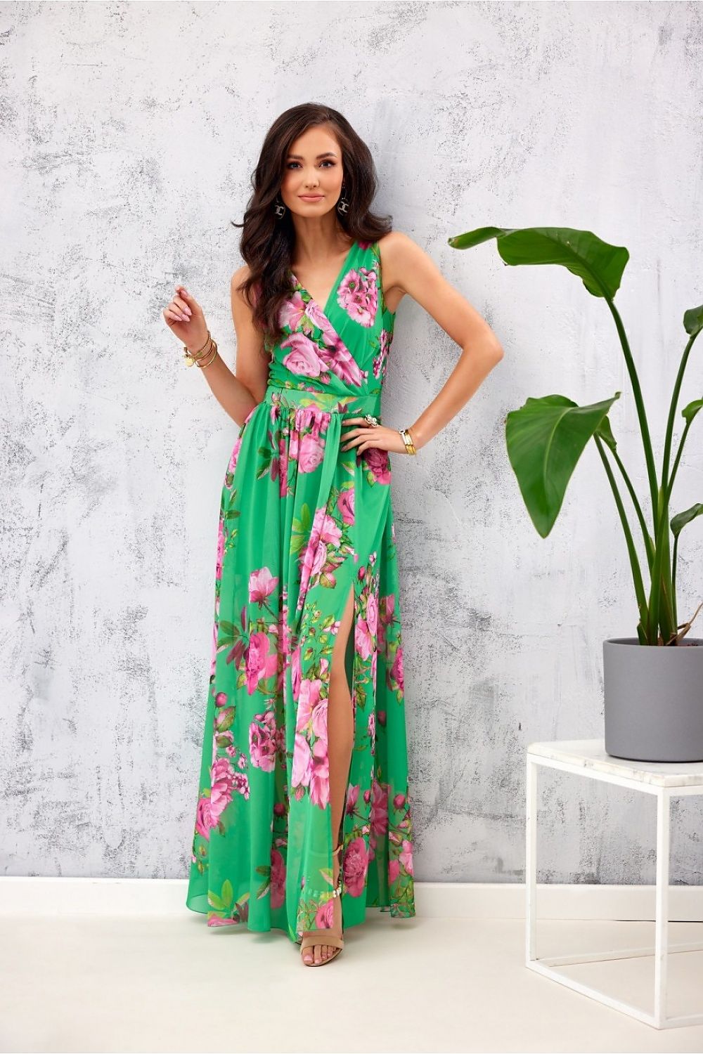 Elegant Floral Chiffon Maxi Dress With Leg Slit and Envelope Neckline by Roco Fashion