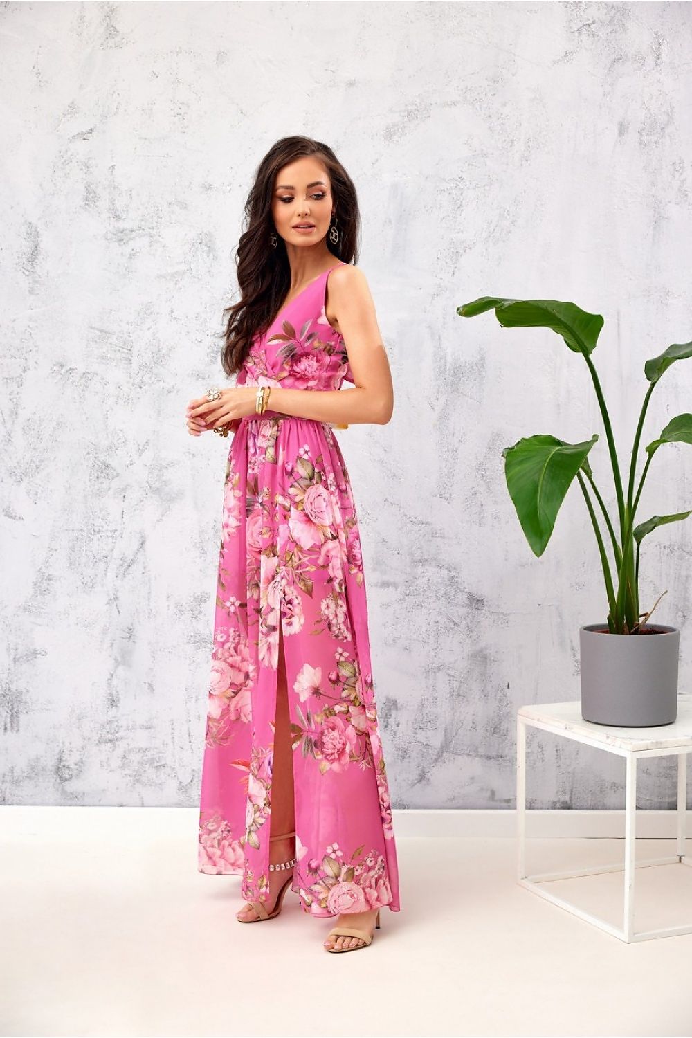 Elegant Floral Chiffon Maxi Dress With Leg Slit and Envelope Neckline by Roco Fashion