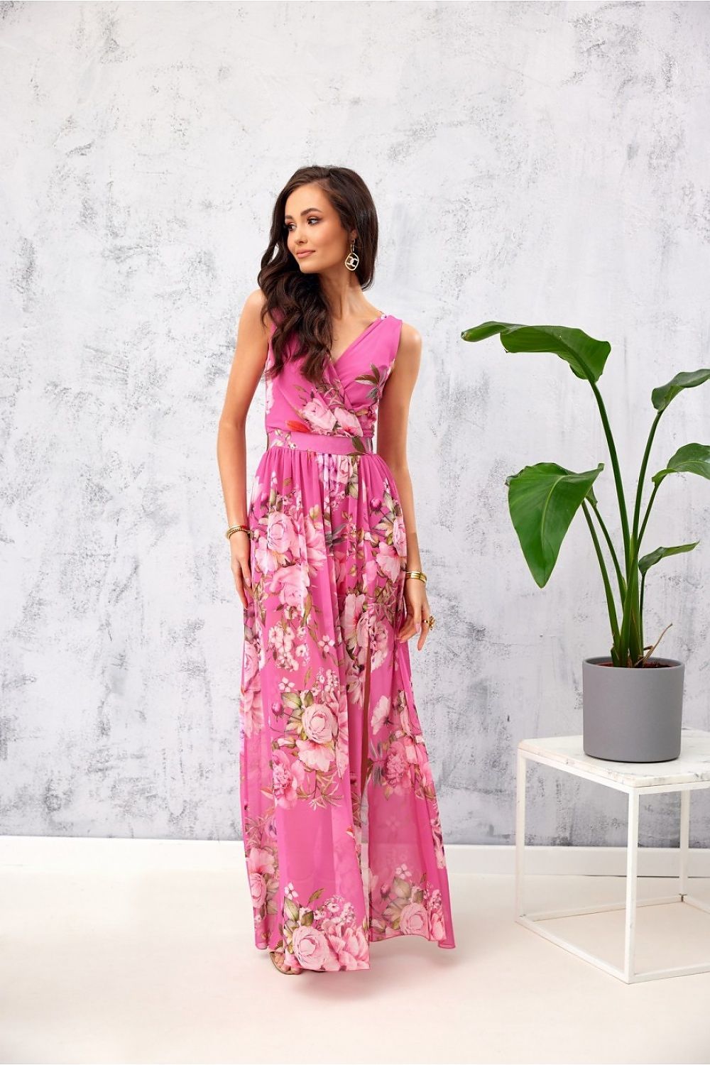 Elegant Floral Chiffon Maxi Dress With Leg Slit and Envelope Neckline by Roco Fashion