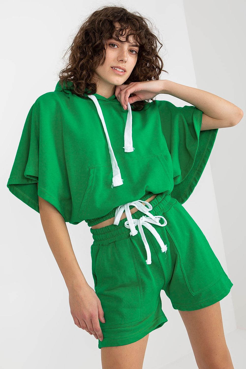 Luxury Ex Moda Tracksuit Set: Cotton Blend Blouse with Hoodie & Tie Waist Shorts