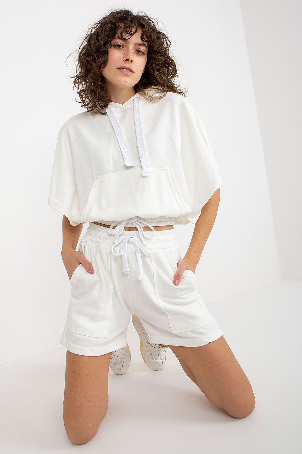 Luxury Ex Moda Tracksuit Set: Cotton Blend Blouse with Hoodie & Tie Waist Shorts