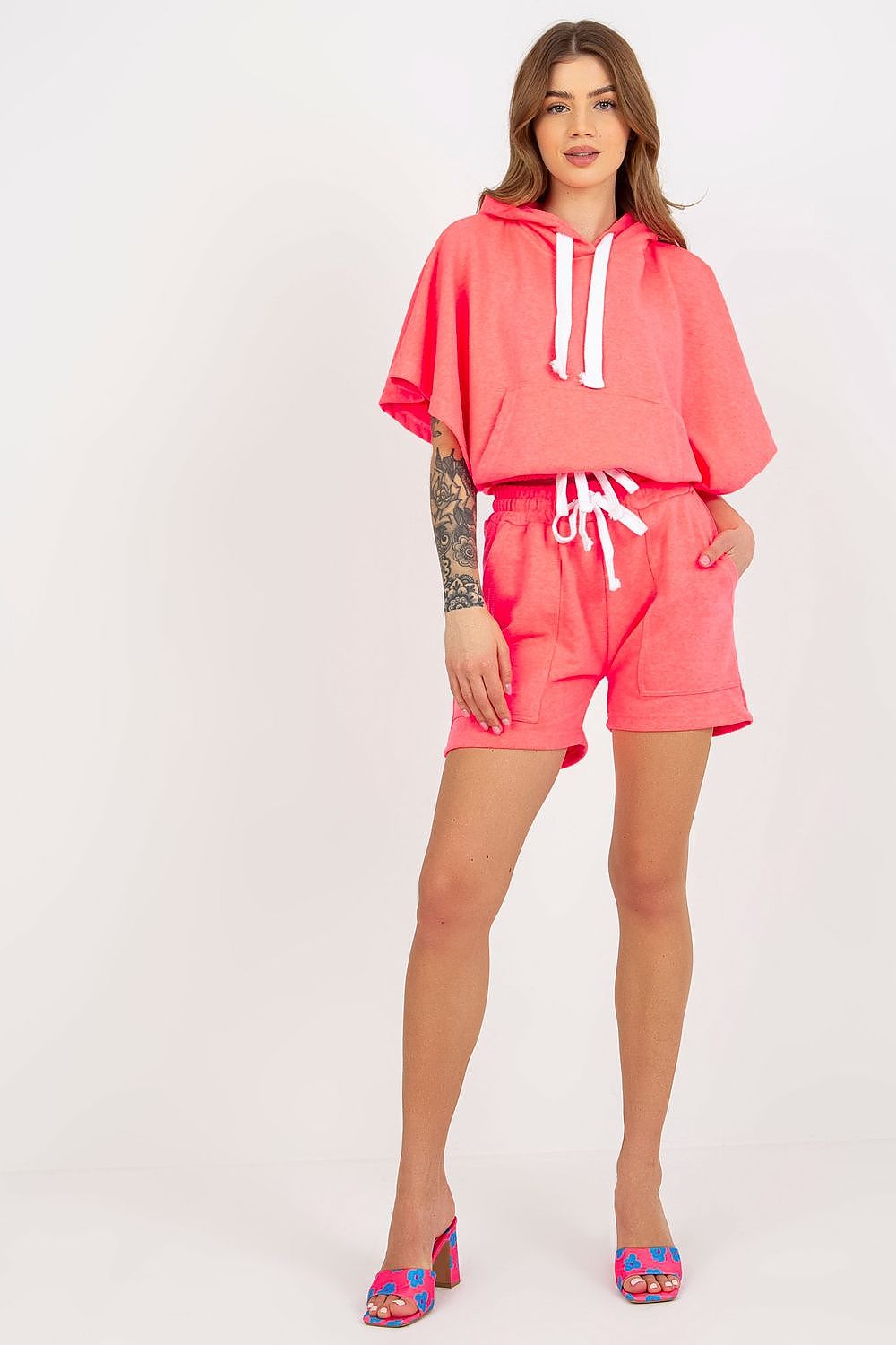 Luxury Ex Moda Tracksuit Set: Cotton Blend Blouse with Hoodie & Tie Waist Shorts