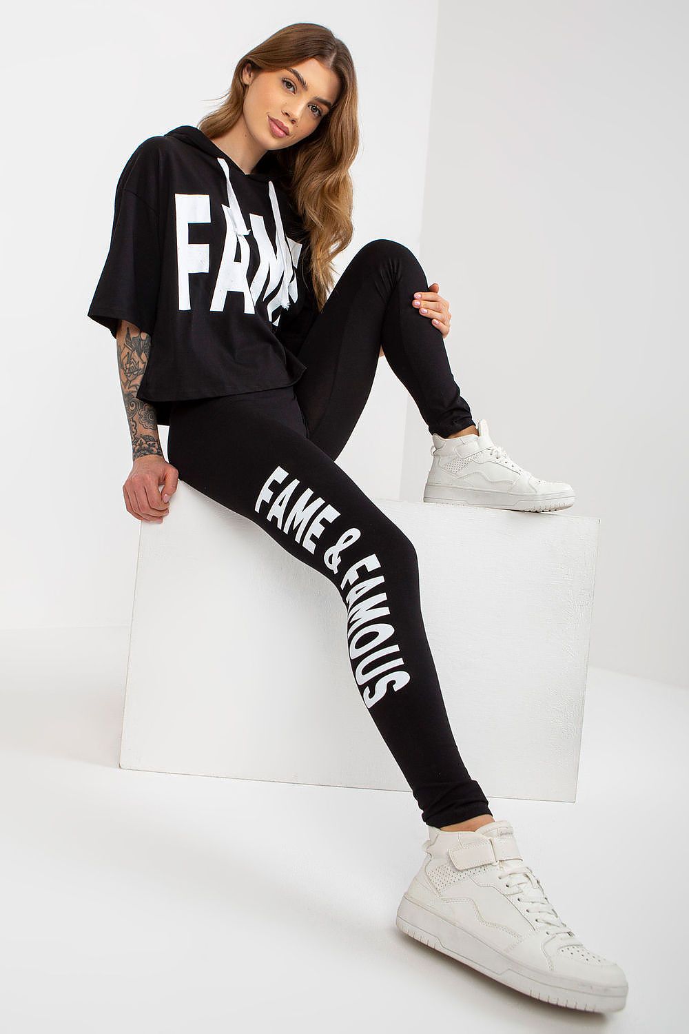 Ex Moda Women's Cotton Sweatshirt And Leggings Set With Hood And Decorative Inscriptions